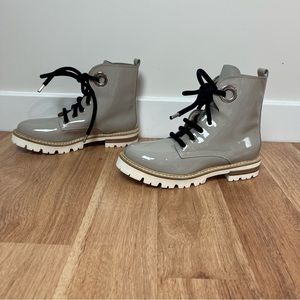 AGL Gray Patent Combat Military Boots Shoes Women Size 6 1/2 Minimalist Urban